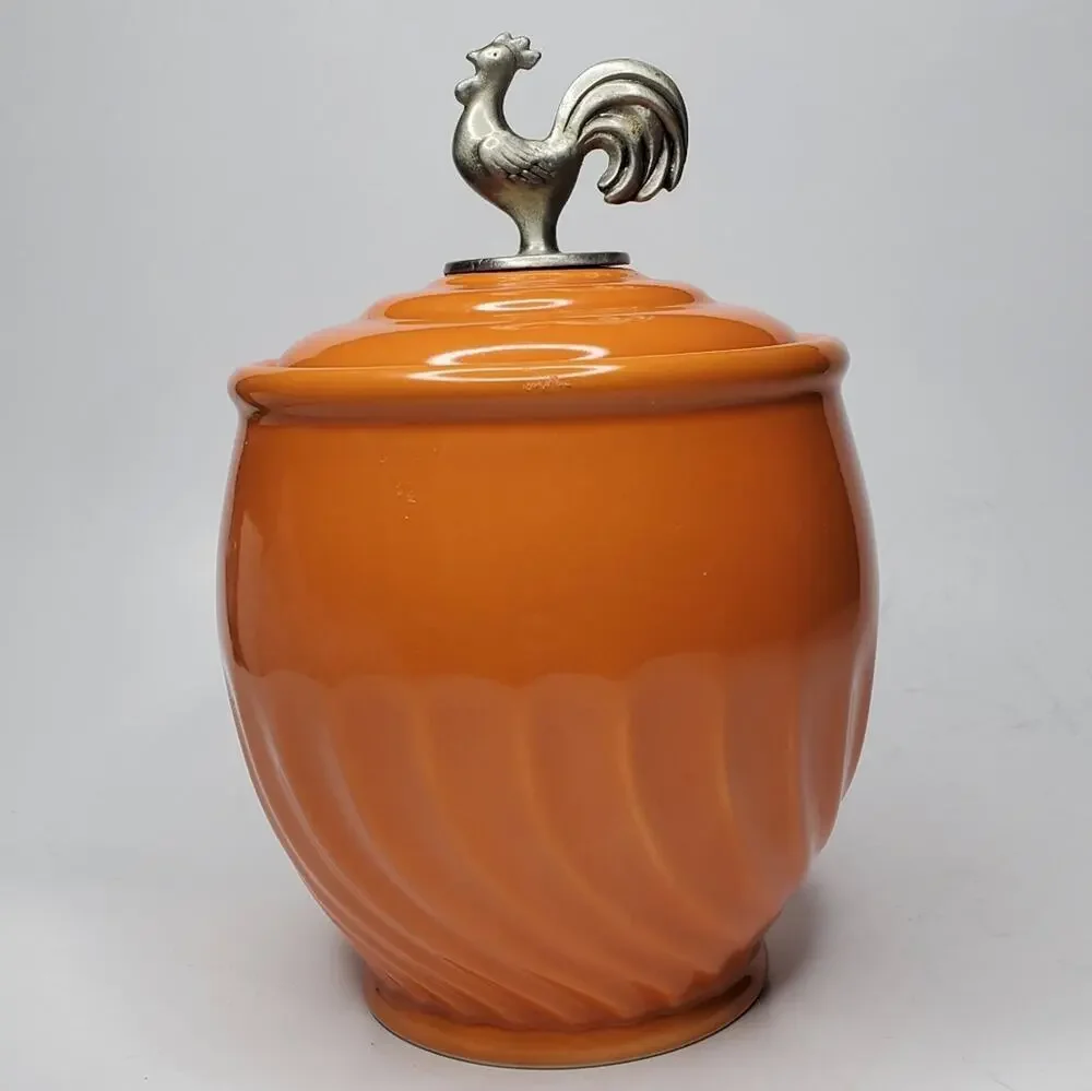 Lillian Vernon Orange Rooster handled lidded storage canister for kitchen 5.5